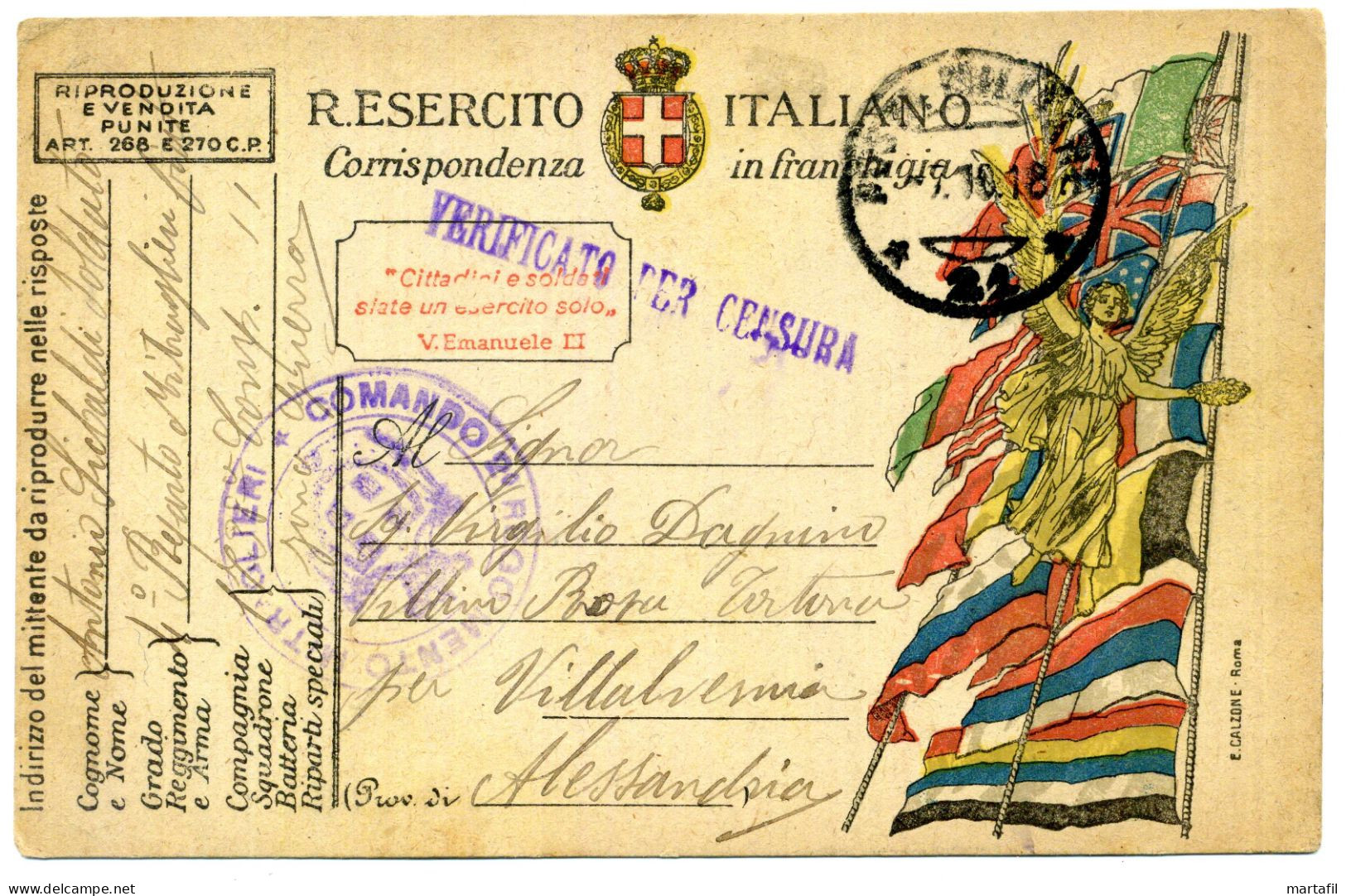 Franchigia, 1918 Posta Militare, Comando 2° Reggimento Mitraglieri, Villalvernia, Alessandria - Portofreiheit