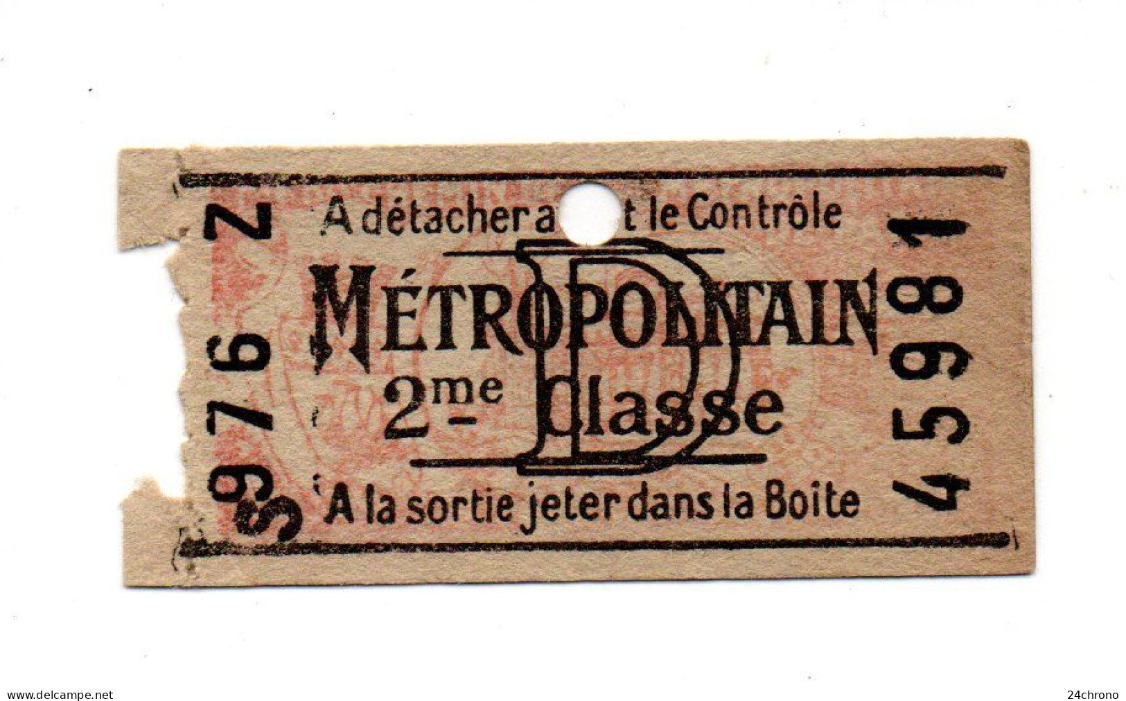 Ticket De Metro, Metropolitain, Aller Ou Retour, 2è Classe, Tarif D, En Vigueur à Partir Du 01/01/1930 (23-256) - Europa