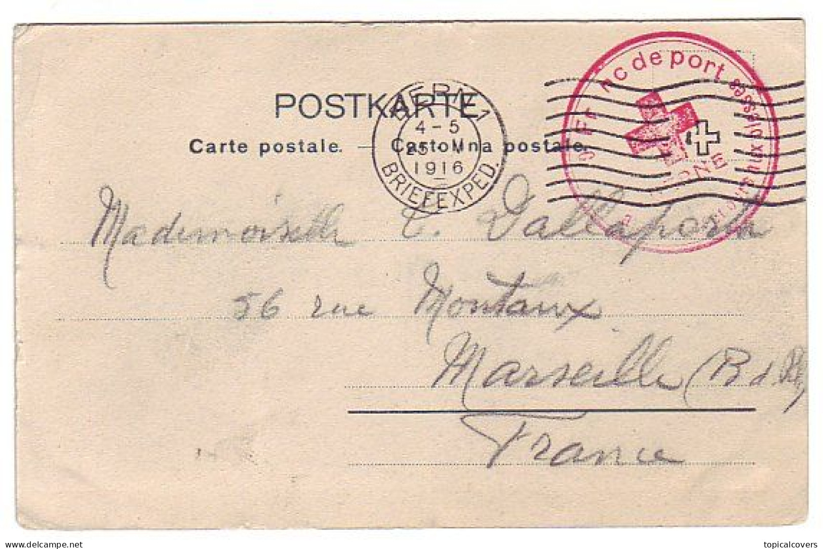 Franc De Port Red Cross Bern Switzerland - Marseille France 1916 - WWI - Franchigia