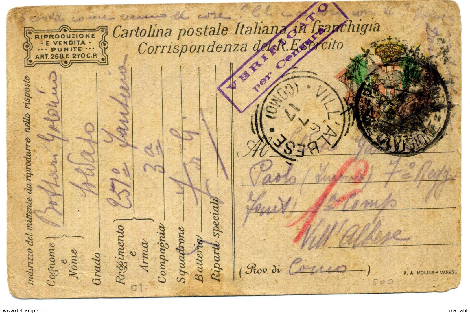 Franchigia, 1917 Posta Militare, 251° Fanteria, Vill'Albese, Albavilla, Como - Zonder Portkosten