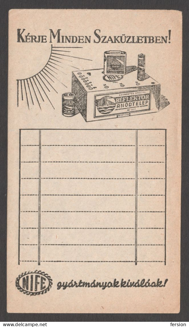 COUNTING CARD SLIP PAPER NOTE Vintage Advertising Old Graphics / Accumulator Battery NIFE - Hungary 1920 Blotter - Piles