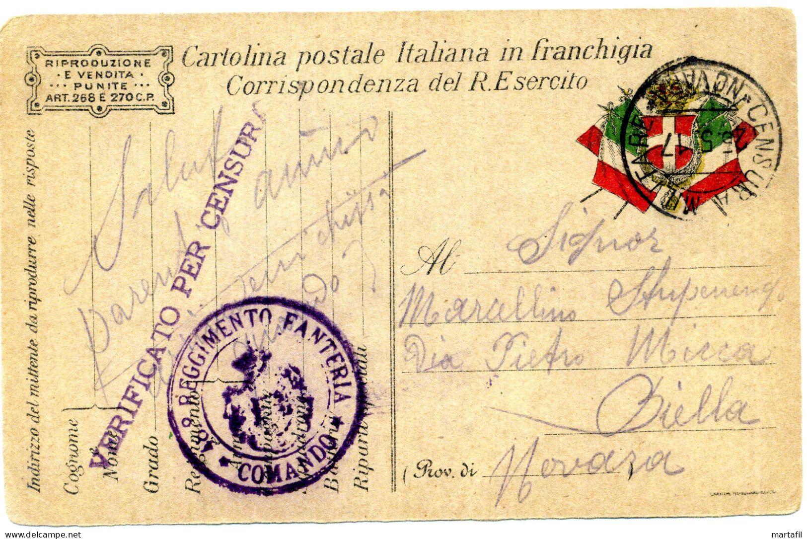 Franchigia, 1917 Posta Militare, Comando 48° Reggimento Fanteria, Biella, Novara? - Portofreiheit