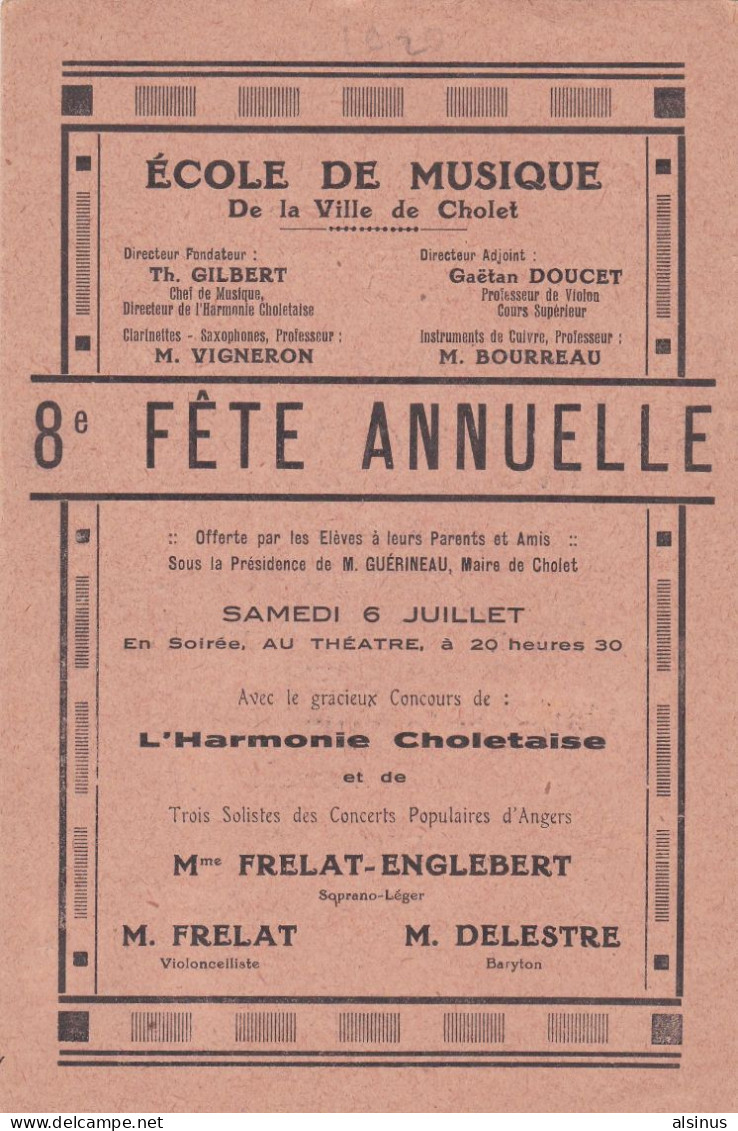 6 JUILLET 1920 - VILLE DE CHOLET - ECOLE DE MUSIQUE - 8éme FÊTE ANNUELLE - PROGRAMME - DIRECTEUR FONDATEUR TH. GILBERT - Otros & Sin Clasificación