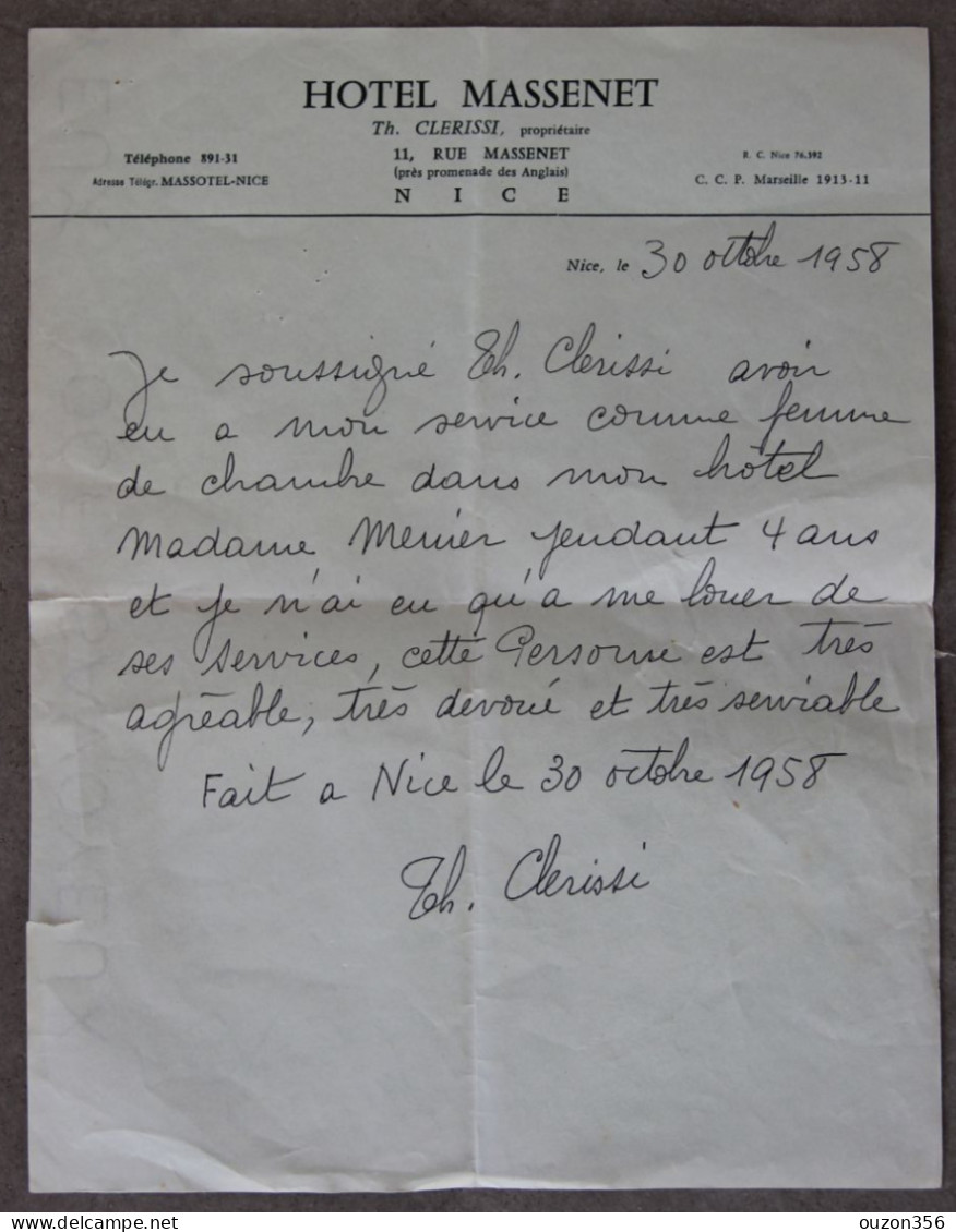 Hôtel Massenet, Th.Clerissi Propriétaire, Nice (Alpes-Maritimes) Lettre De Recommandation, 1958 - Deportes & Turismo