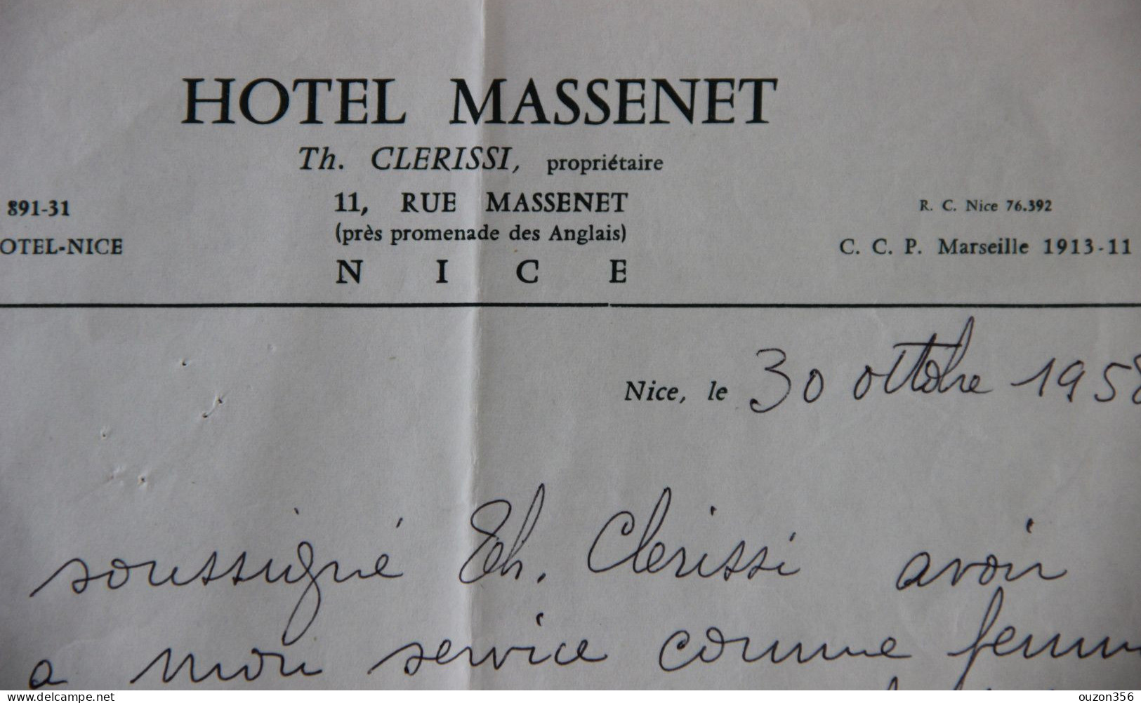 Hôtel Massenet, Th.Clerissi Propriétaire, Nice (Alpes-Maritimes) Lettre De Recommandation, 1958 - Deportes & Turismo