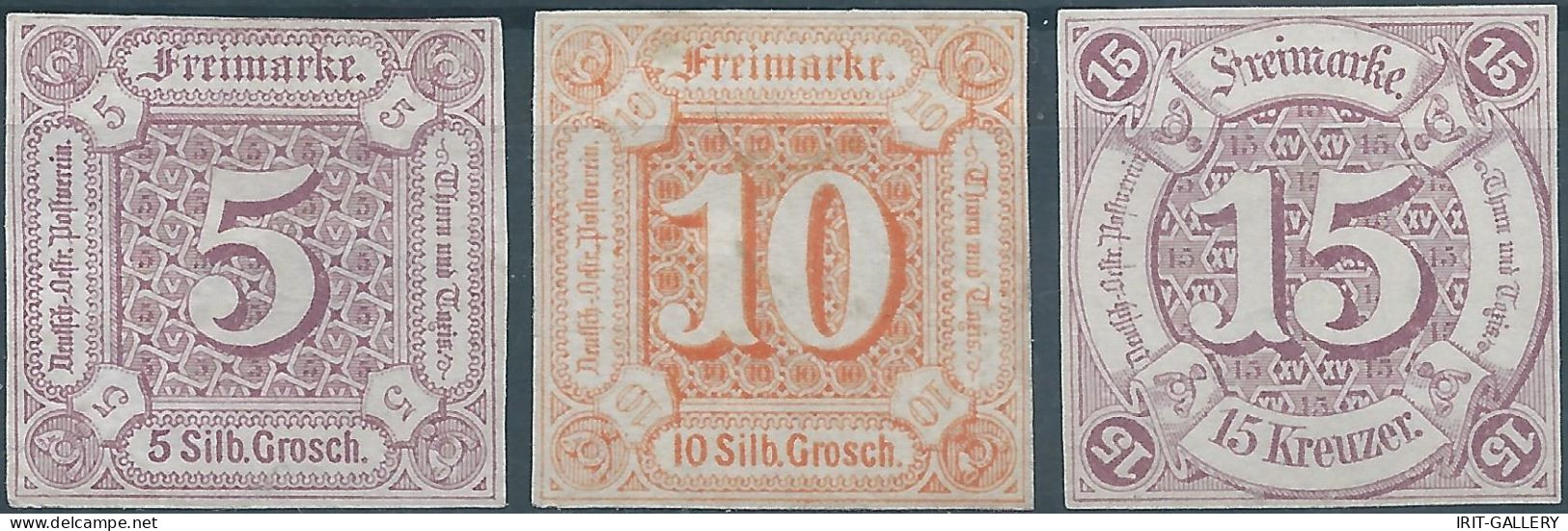 Germany-Deutschland,Thurn Und Taxis,1859 -1861 Colored Print On White Paper,5Sgr - 10Sgr + 15Kr, Imperforated ,Mint - Mint