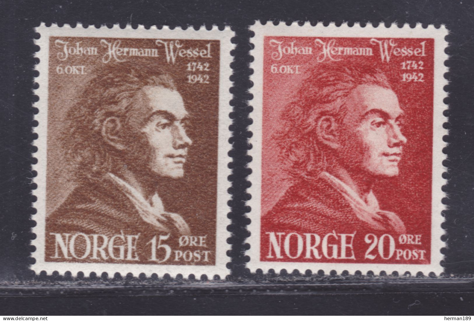 NORVEGE N°  242 & 243 * MLH Neufs Avec Charnière, B/TB (D9927) Poète Johan Herman Wessel - 1942 - Neufs