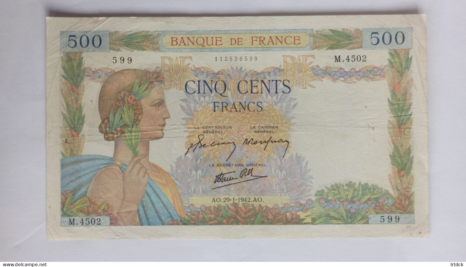 Billet De Banque France 500 Francs 1942 La Paix - 500 F 1940-1944 ''La Paix''