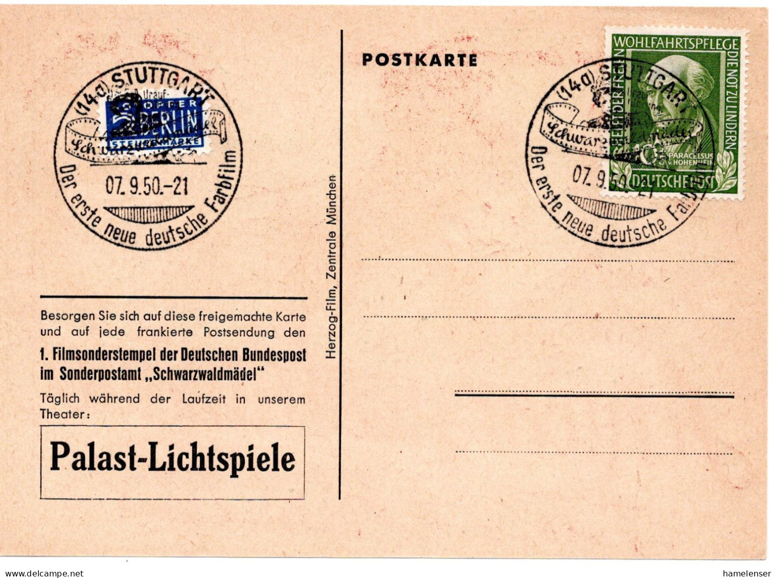 57537 - Bund - 1950 - 10Pfg WoFa '49 EF A AnsKte SoStpl STUTTGART - SCHWARZWALDMAEDEL ... - Cinema