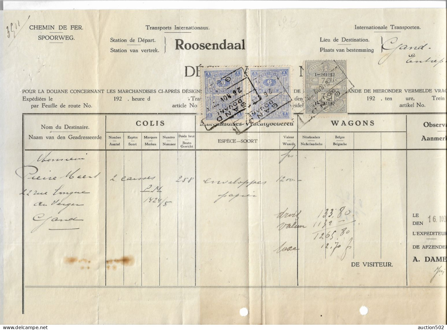 Déclaration Trans.Inter.(C.F./Spoorweg) Roosendaal > Gand Entrepôt TP Fiscaux Gand/Gent Douane 1923+CF Gent Stapelplaats - Transportmiddelen