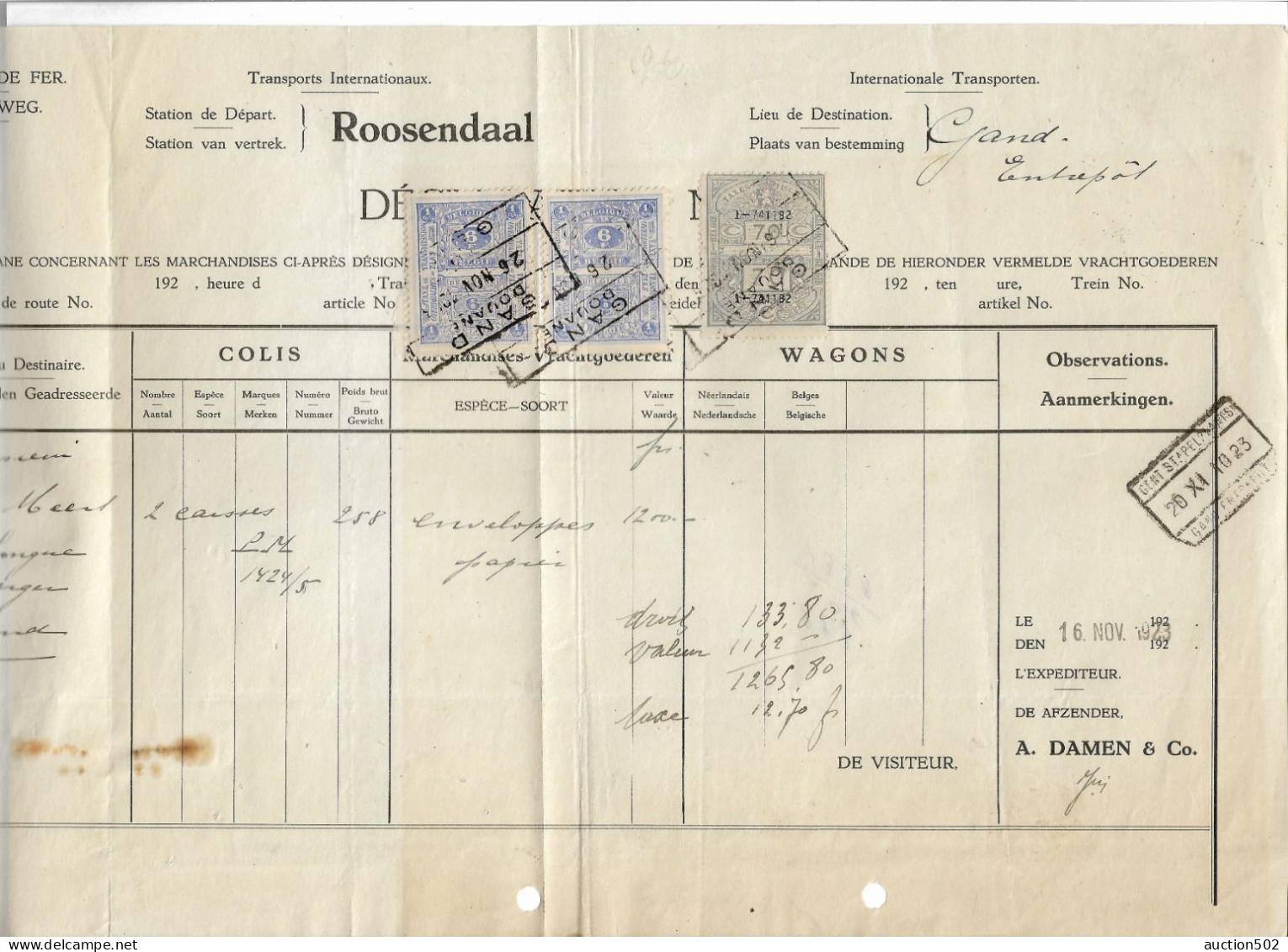 Déclaration Trans.Inter.(C.F./Spoorweg) Roosendaal > Gand Entrepôt TP Fiscaux Gand/Gent Douane 1923+CF Gent Stapelplaats - Trasporti