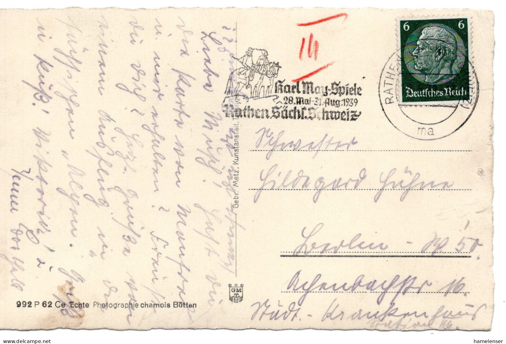 57538 - Deutsches Reich - 1939 - 6Pfg Hindenburg EF A AnsKte RATHEN - KARL-MAY-SPIELE ... -> Berlin - Indianer