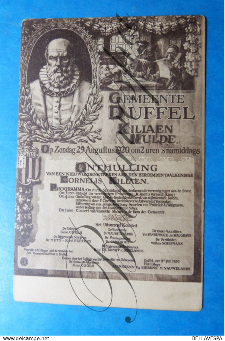 Duffel Cornelis Killiaen Hulde Programma  29 Aug. 1920 - Duffel