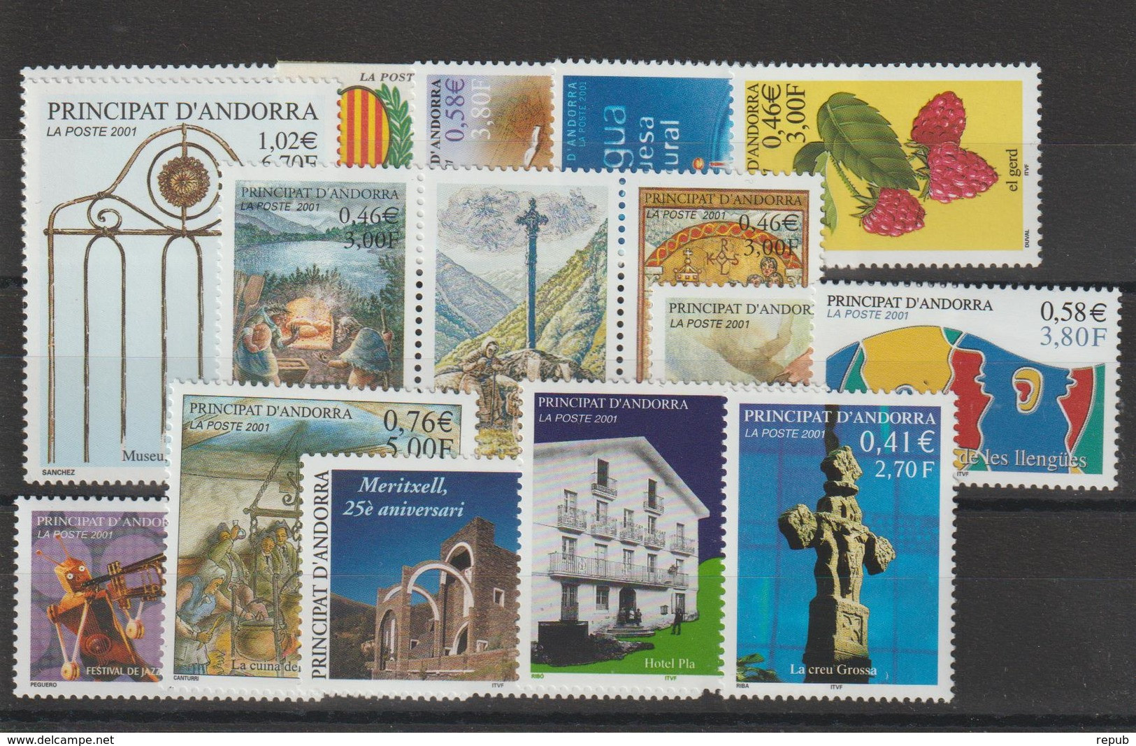 Andorre Français Année Complète 2001 Du 540 Au 554 13 Val. + 1 Trypt. ** MNH - Volledige Jaargang