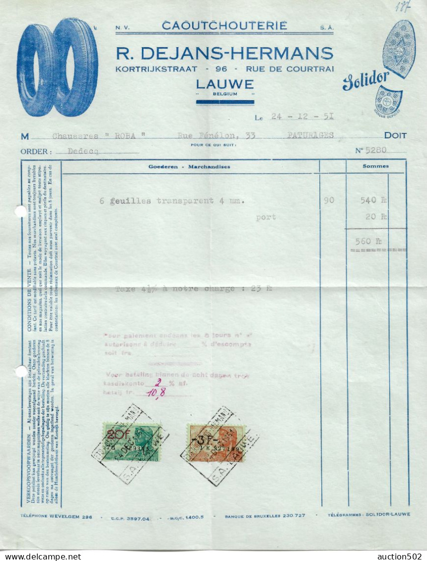 Facture 1951 Dejans - Hermans Lauwe Caoutchouterie > Paturages + TP Fiscaux - Petits Métiers