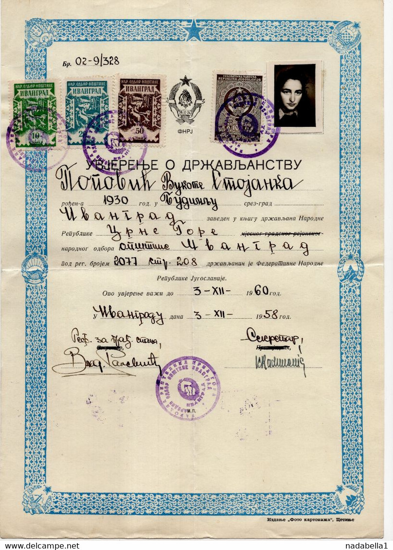 1958. YUGOSLAVIA,MONTENEGRO,IVANGRAD MUNICIPALITY REVENUE,FISCAL STAMP,3 STATE REVENUE STAMPS,BIRTH CERTIFICATE - Otros & Sin Clasificación