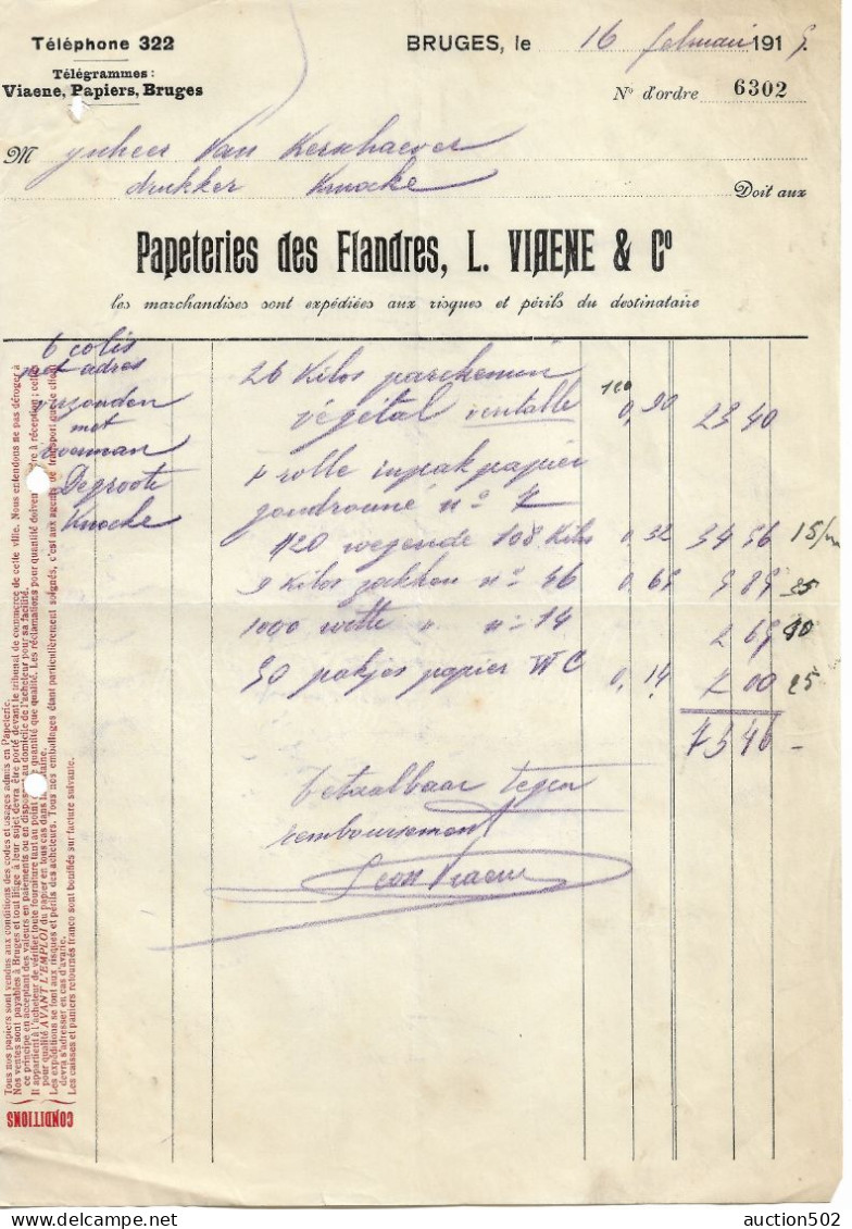 Facture 1915 Viaene & Co Bruges Papeteries Des Flandres > Knocke ( Knokke) - Drukkerij & Papieren