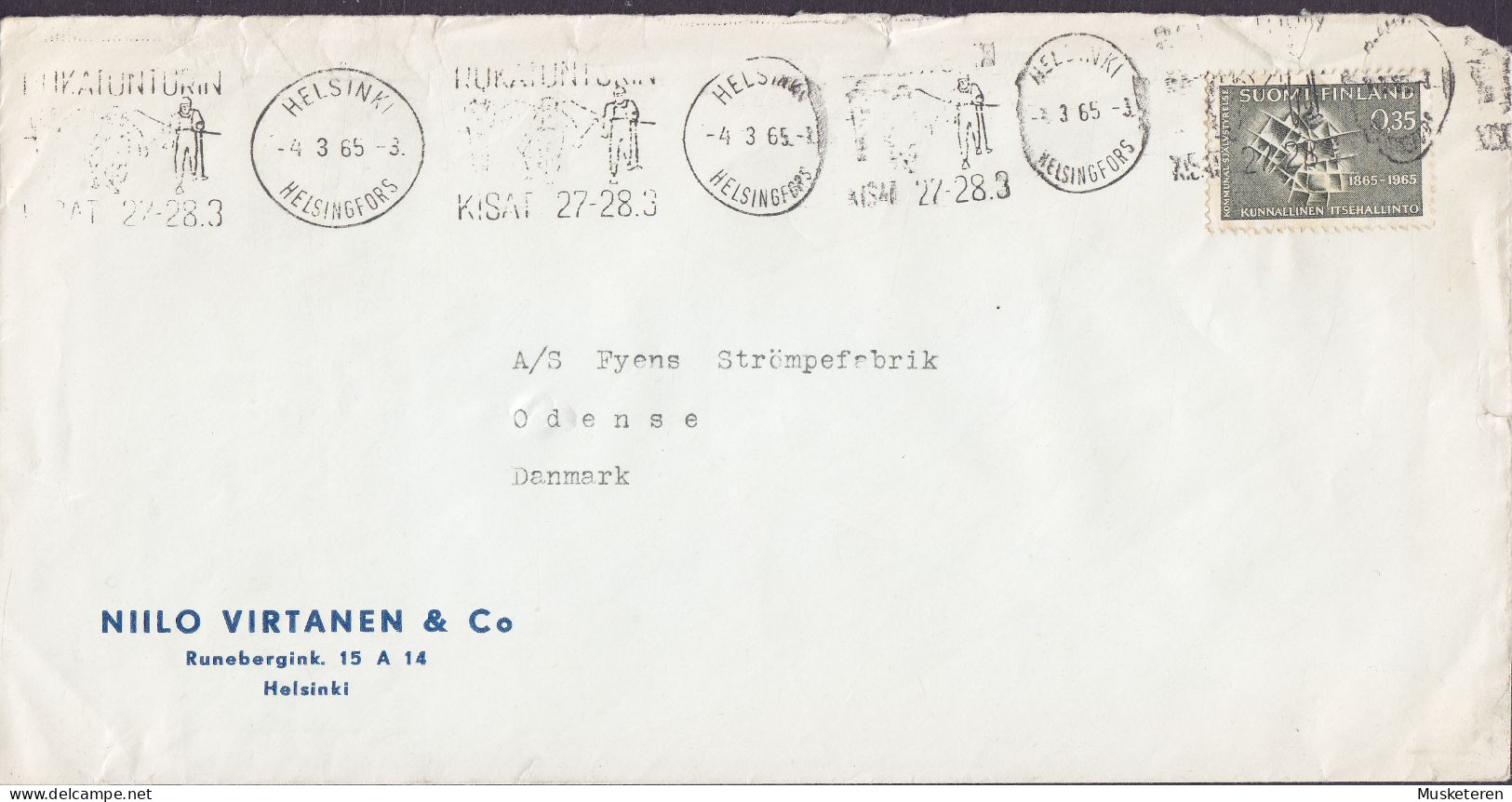 Finland NIILO VIRTANEN & Co Slogan Flamme HELSINKI 1965 Cover Brief Lettre Fyens Strømpefabrik ODENSE Denmark - Storia Postale