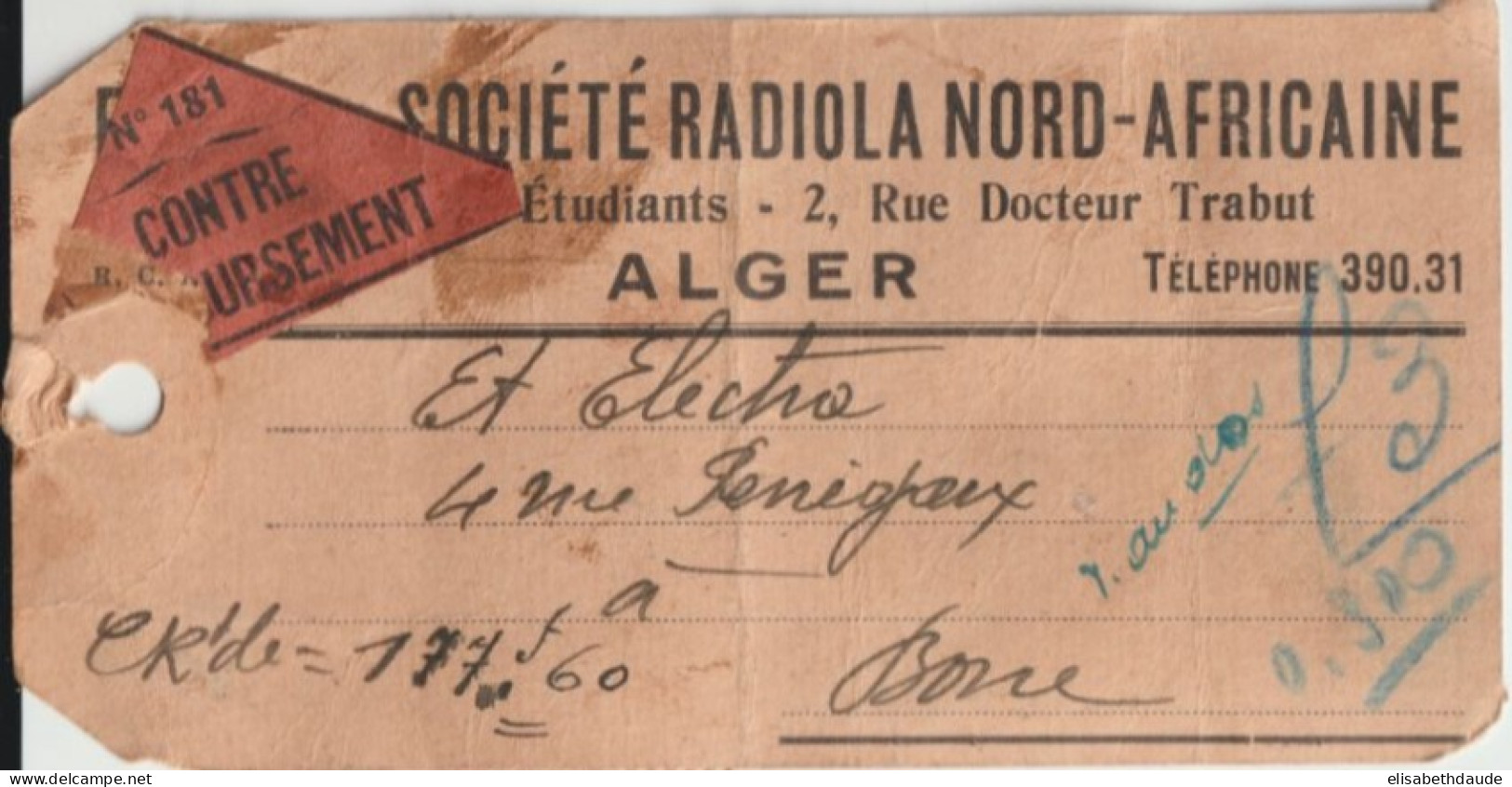 1942 - ALGERIE - ETIQUETTE De COLIS RECOMMANDE ! De La SOCIETE RADIOLA à ALGER CONTRE REMBOURSEMENT => BONE - Lettres & Documents