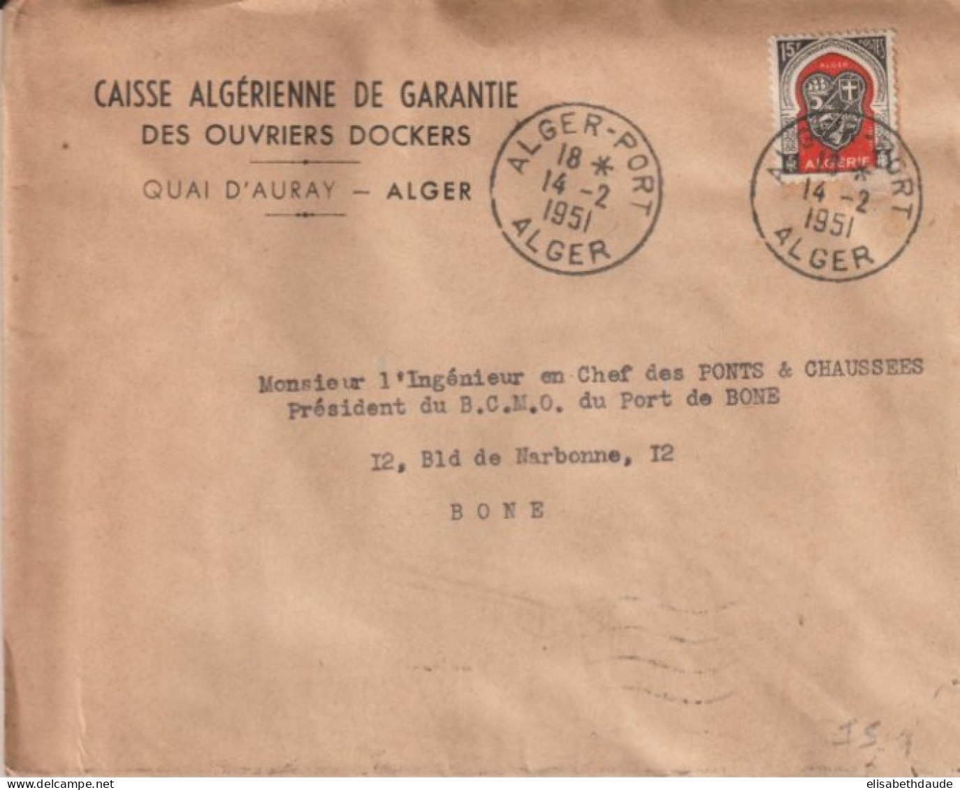 1951 - ALGERIE - ENVELOPPE De ALGER-PORT ! (IND 5) => BONE - Storia Postale