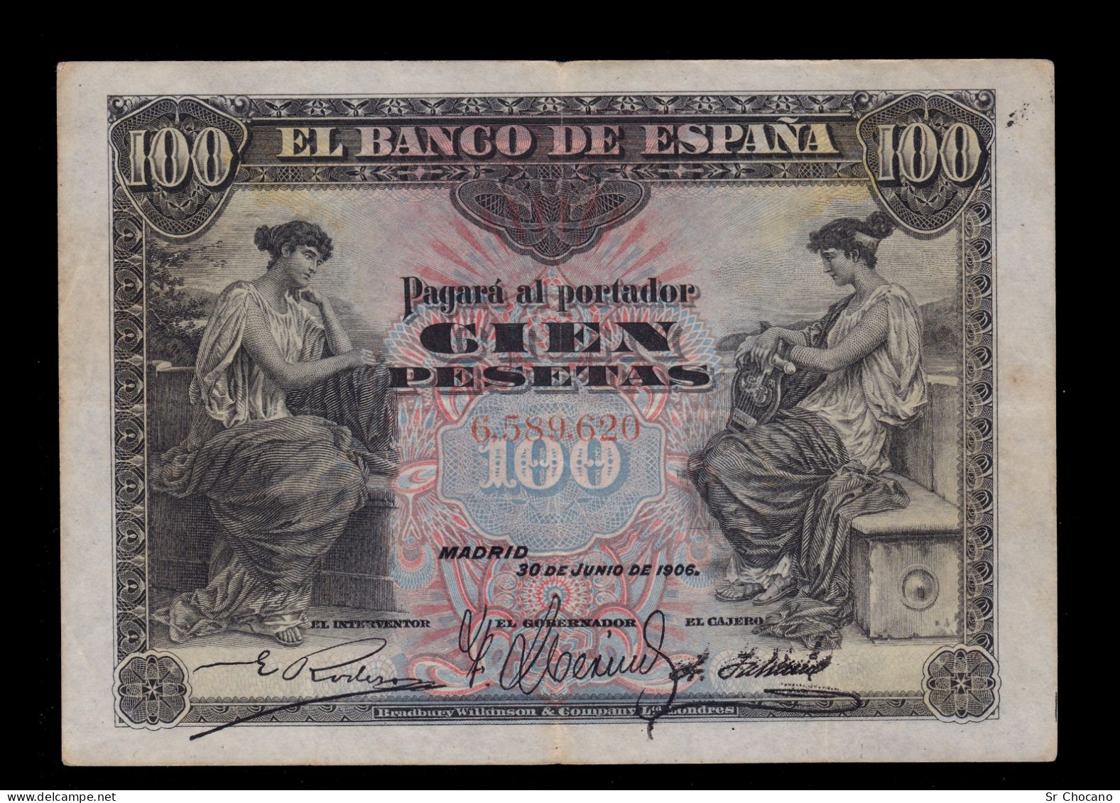 España.100pts.SIN SERIE.MBC.30-6-1906.Nº 6.589.620.NEGRO-AZUL-ROSA - 100 Pesetas