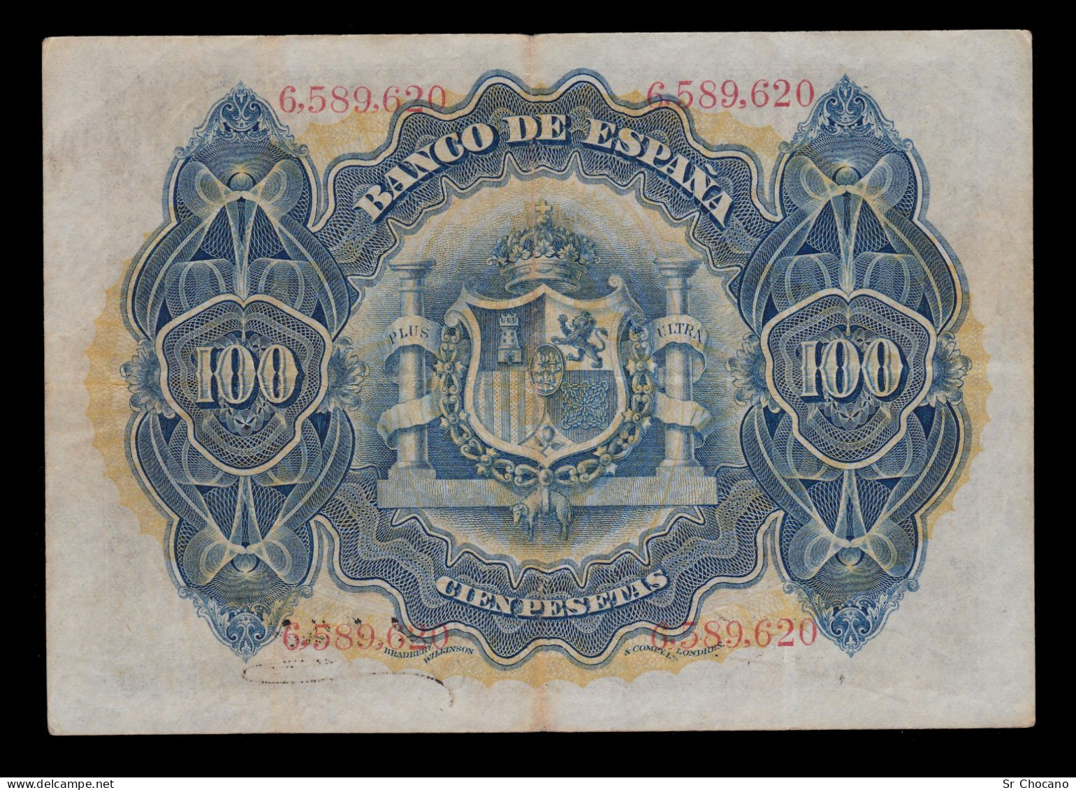 España.100pts.SIN SERIE.MBC.30-6-1906.Nº 6.589.620.NEGRO-AZUL-ROSA - 100 Pesetas