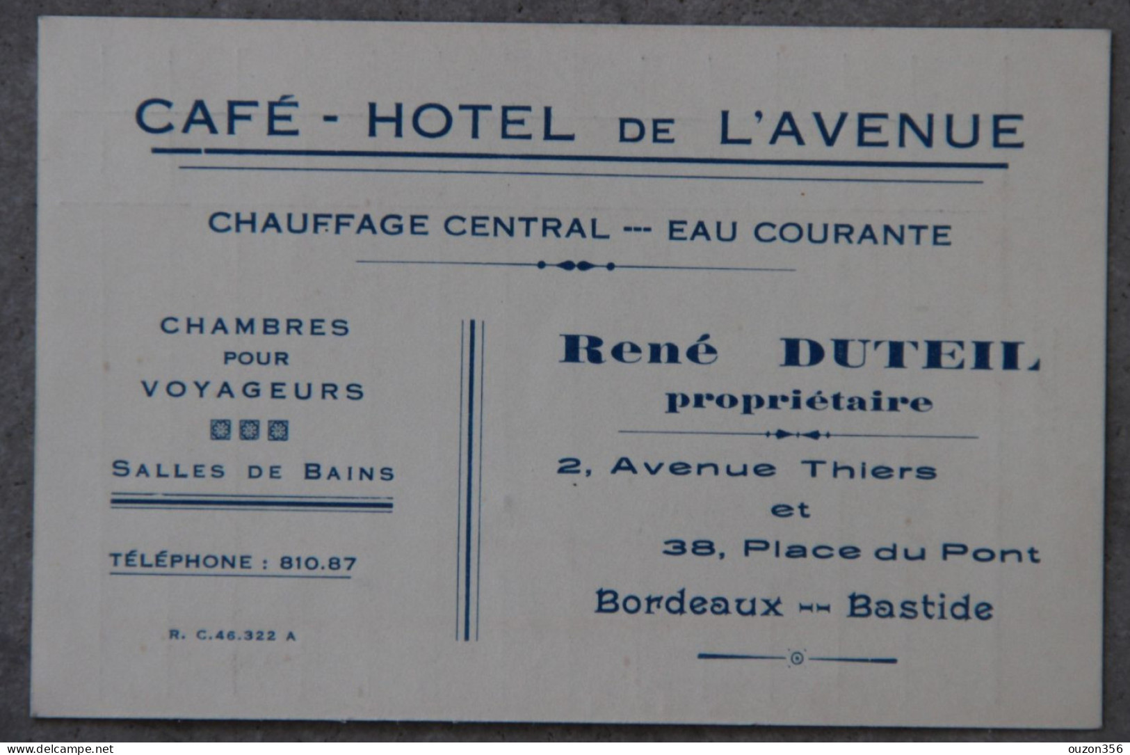 Carte Café-Hôtel De L'Avenue, René Duteil, Bordeaux (Gironde), Note Au Dos - Sport & Tourismus