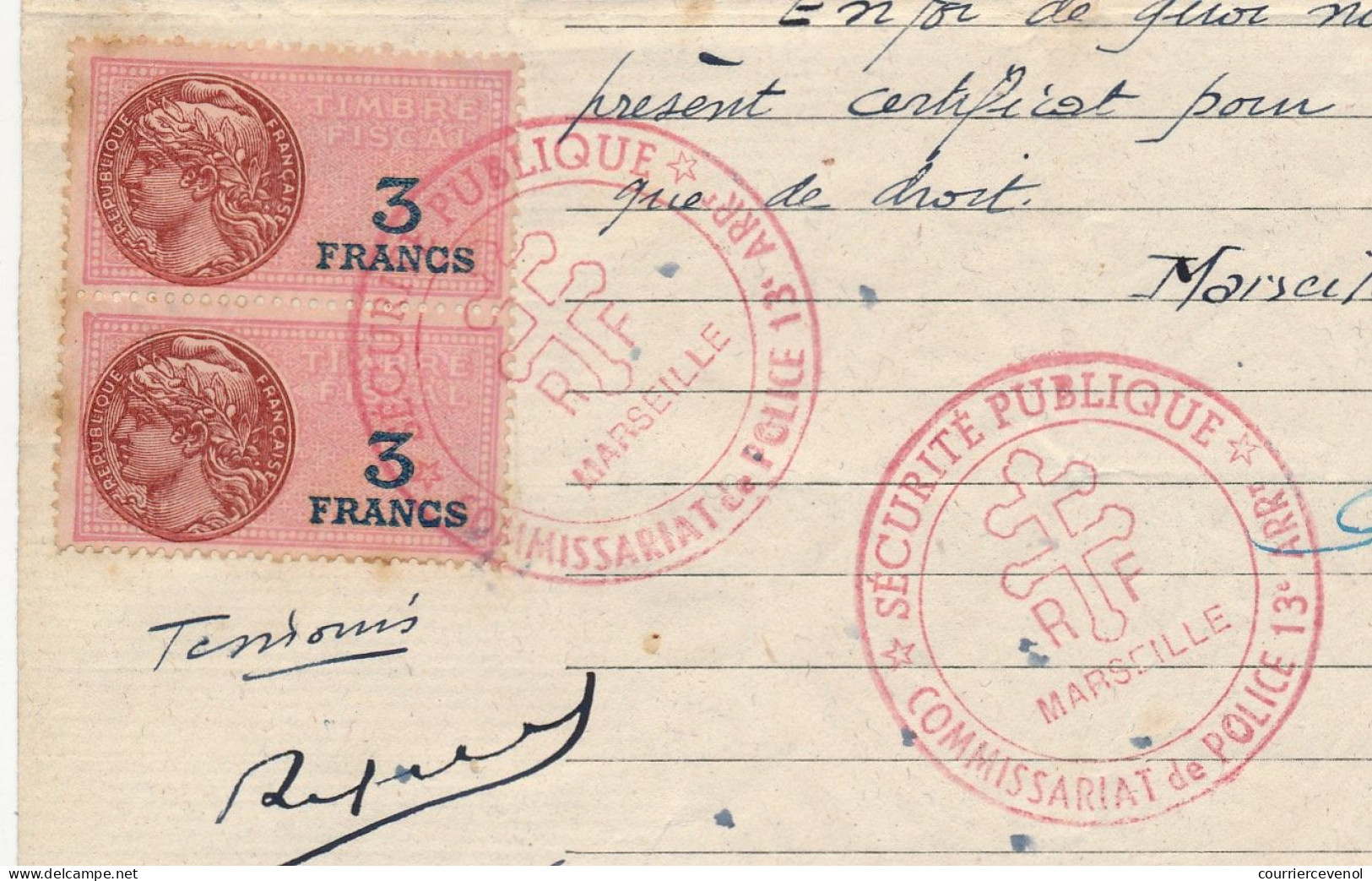 MARSEILLE - Certificat De Résidence 1946 - Papier Timbré 10F + 2 X 3F Type Daussy Cachet Croix De Lorraine Marseille - Lettres & Documents
