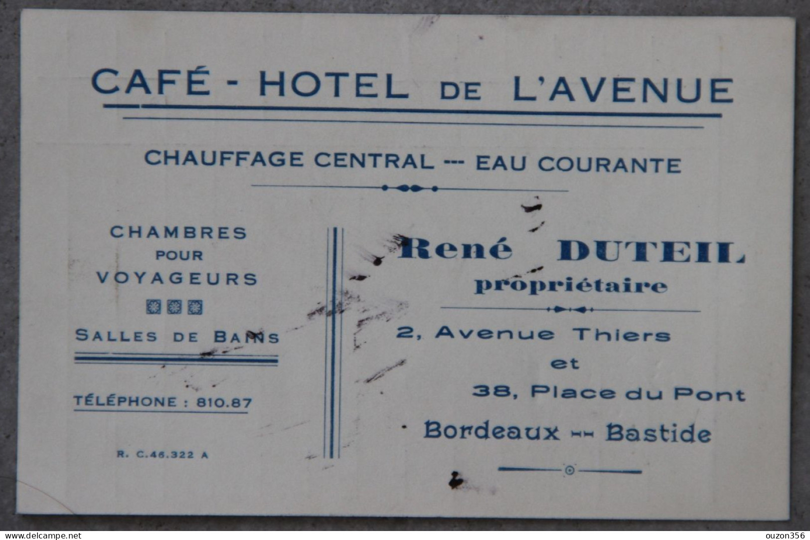 Carte Café-Hôtel De L'Avenue, René Duteil, Bordeaux (Gironde), Note Au Dos - Sport & Tourismus