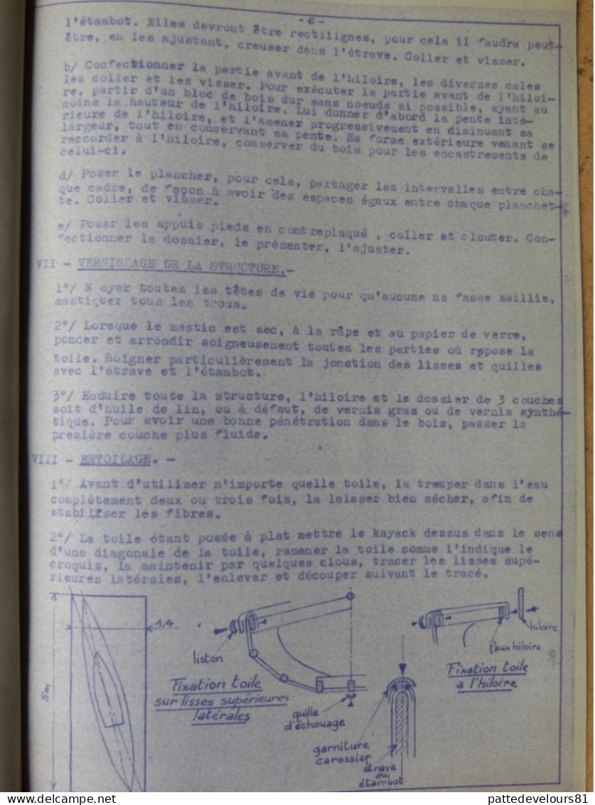 Notice de Construction d'un KAYAK Biplace Rigide de Tourisme (Type Kayak Henri COPIER) Descritif + Croquis (8 scans)