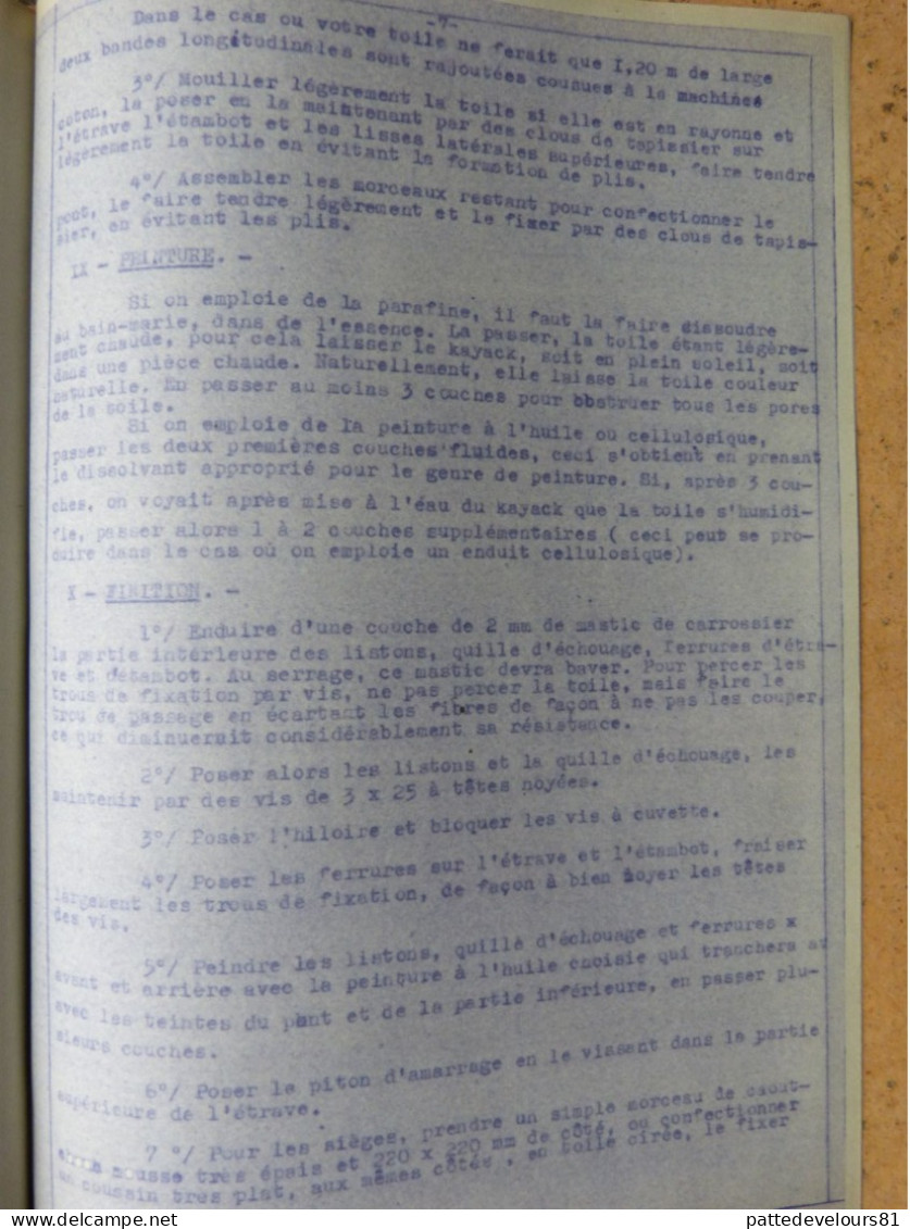 Notice de Construction d'un KAYAK Biplace Rigide de Tourisme (Type Kayak Henri COPIER) Descritif + Croquis (8 scans)