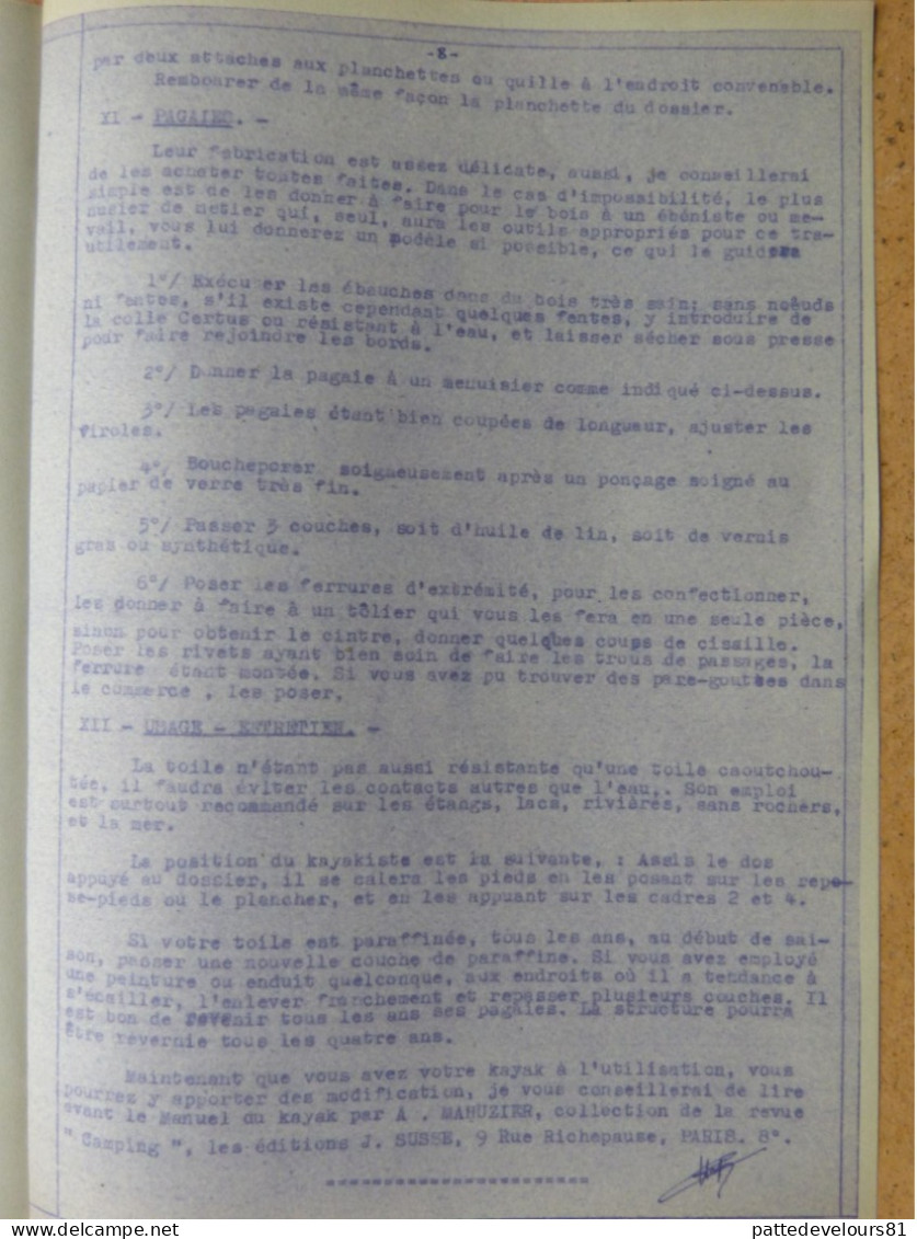 Notice de Construction d'un KAYAK Biplace Rigide de Tourisme (Type Kayak Henri COPIER) Descritif + Croquis (8 scans)