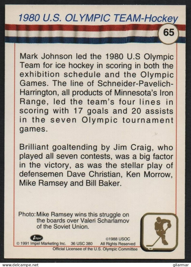 UNITED STATES - U.S. OLYMPIC CARDS HALL OF FAME - ICE HOCKEY - 1980 U.S. OLYMPIC TEAM - # 65 - Trading Cards