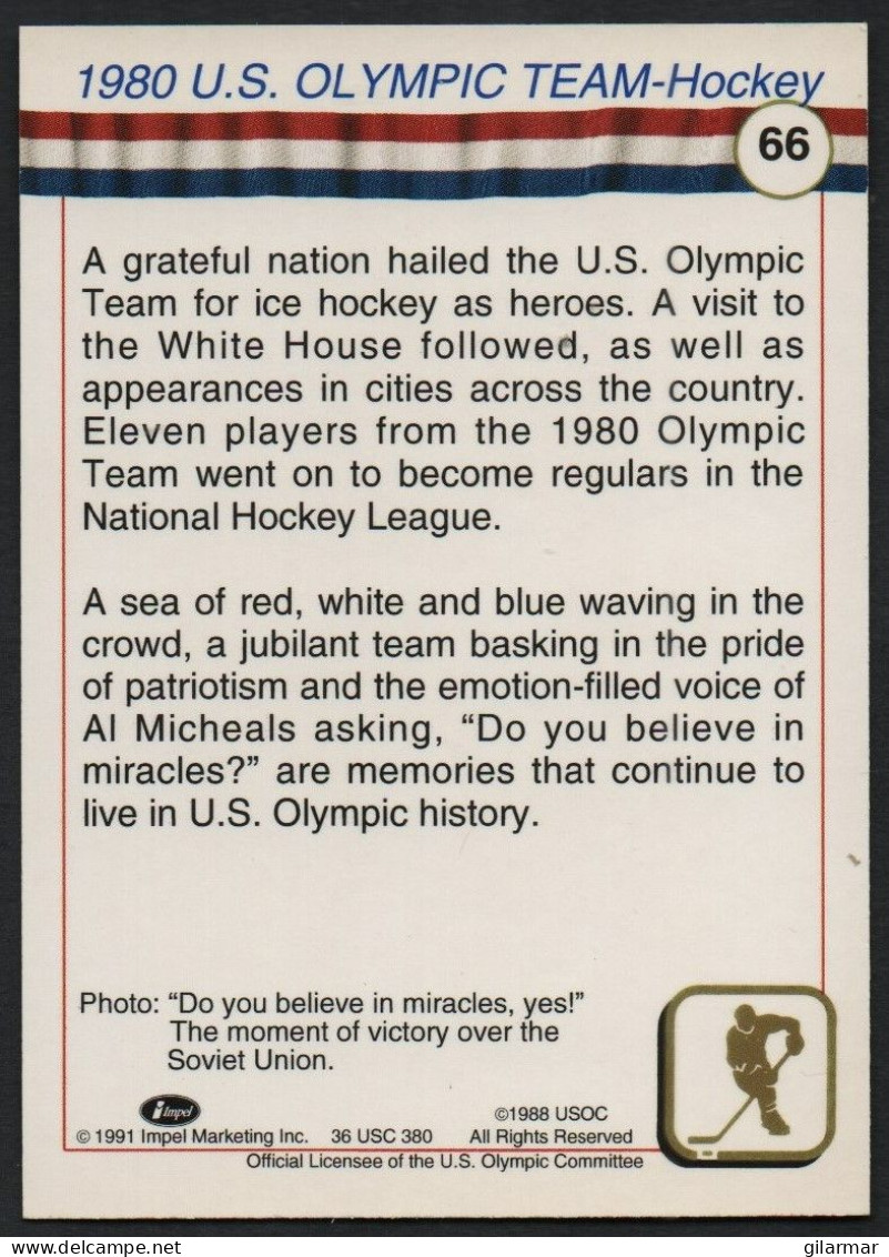 UNITED STATES - U.S. OLYMPIC CARDS HALL OF FAME - ICE HOCKEY - 1980 U.S. OLYMPIC TEAM - # 66 - Trading Cards