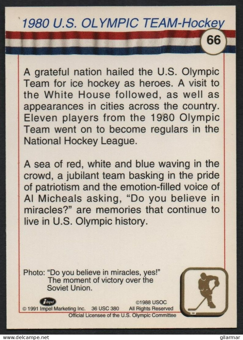 UNITED STATES - U.S. OLYMPIC CARDS HALL OF FAME - ICE HOCKEY - 1980 U.S. OLYMPIC TEAM - # 66 - Trading Cards