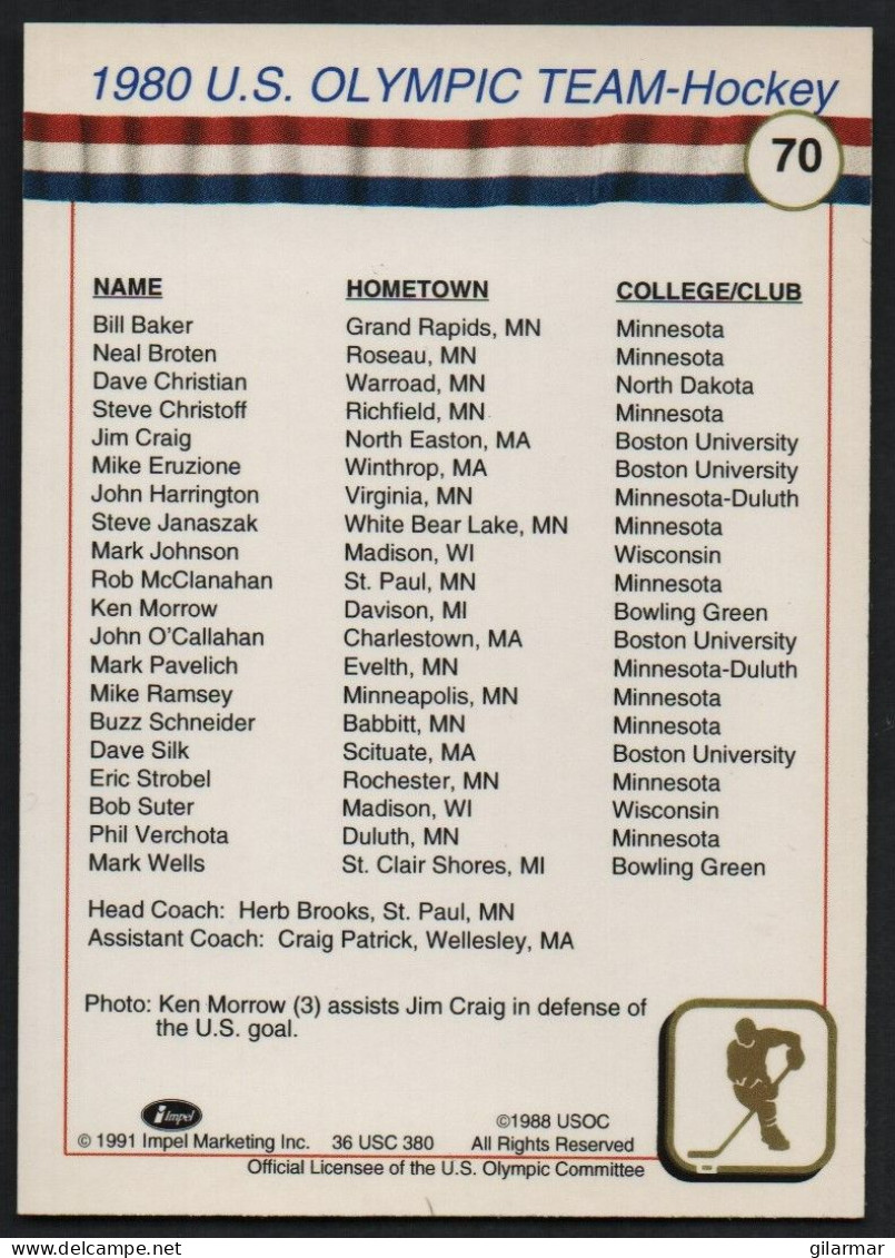 UNITED STATES - U.S. OLYMPIC CARDS HALL OF FAME - ICE HOCKEY - 1980 U.S. OLYMPIC TEAM - # 70 - Trading Cards