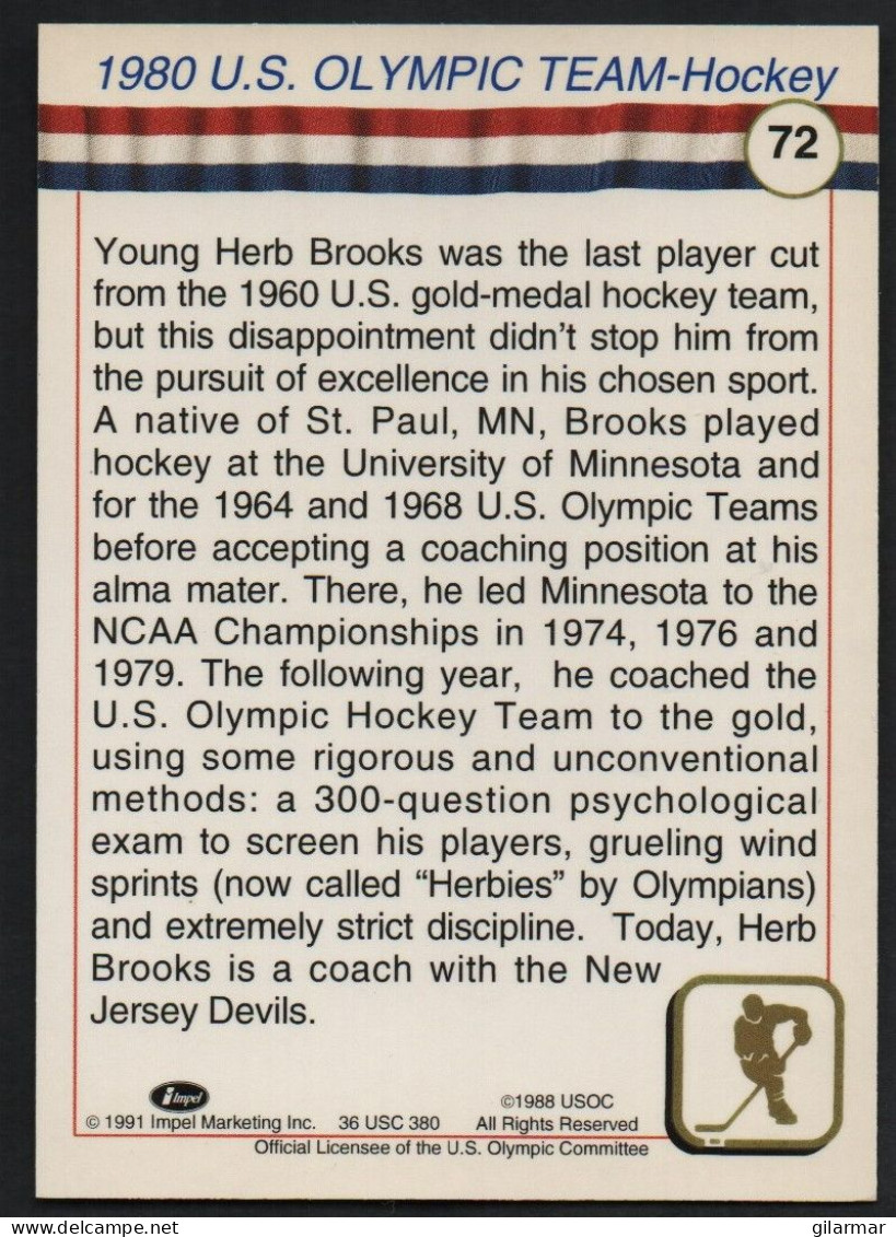 UNITED STATES - U.S. OLYMPIC CARDS HALL OF FAME - ICE HOCKEY - 1980 U.S. OLYMPIC TEAM - COACH HERB BROOKS - # 72 - Trading-Karten