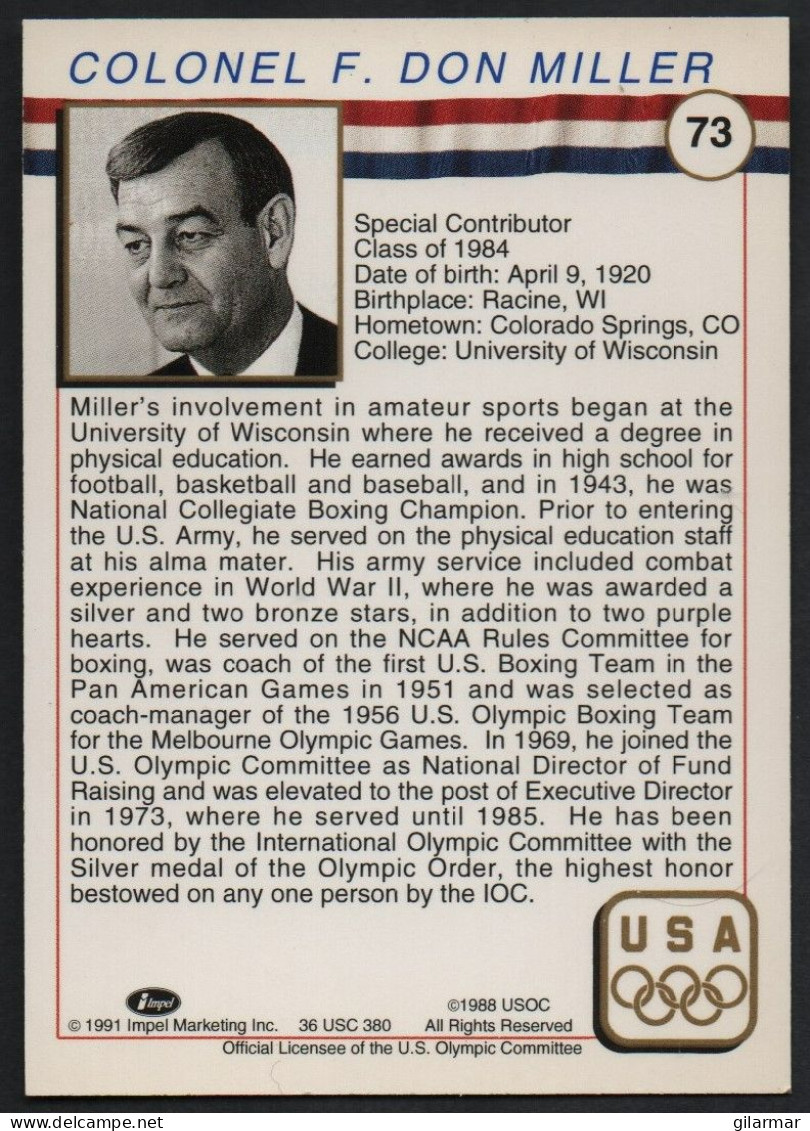 UNITED STATES - U.S. OLYMPIC CARDS HALL OF FAME - SPECIAL CONTRIBUTOR - BOXING - COLONEL F. DON MILLER - # 73 - Trading Cards