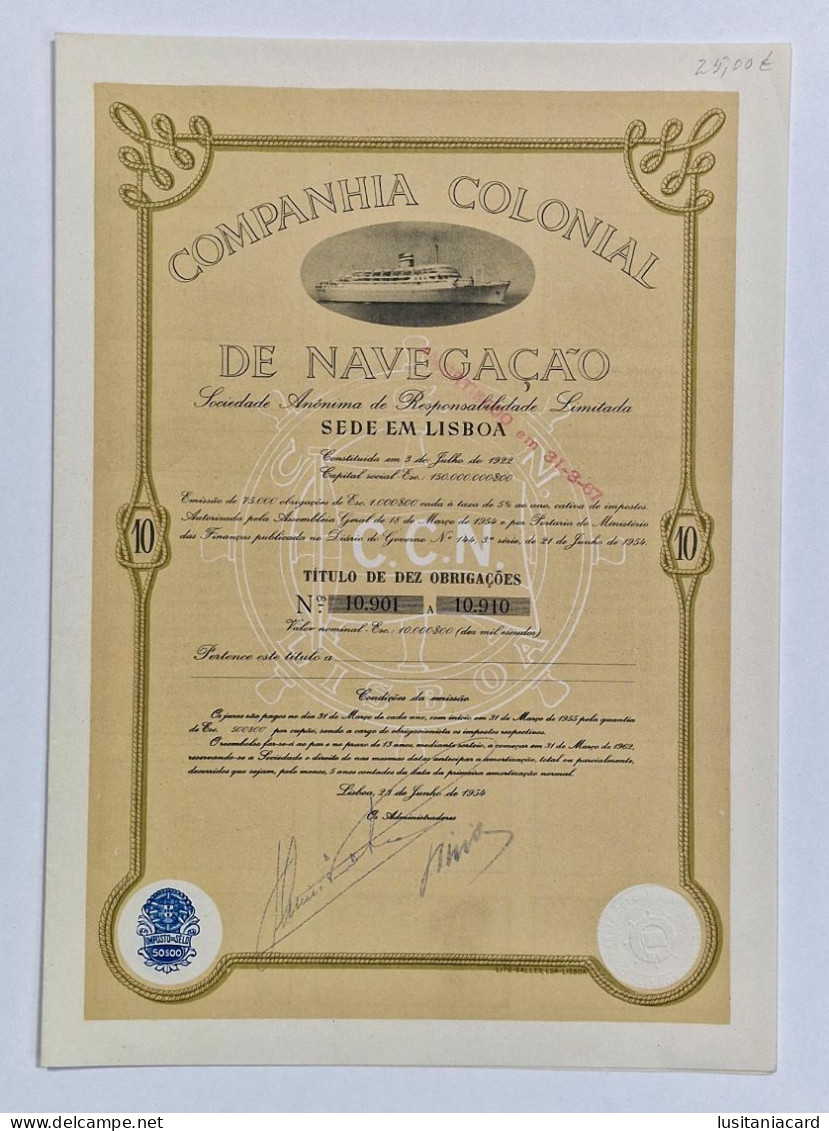 PORTUGAL-LISBOA-Companhia Colonial De Navegação-Titulo De Dez Obrigações Nº10.901 A 10.910-10000$00-23 De Junho De 1954 - Navigation