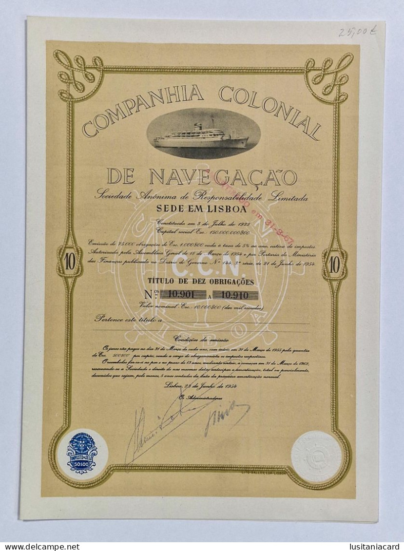 PORTUGAL-LISBOA-Companhia Colonial De Navegação-Titulo De Dez Obrigações Nº10.901 A 10.910-10000$00-23 De Junho De 1954 - Navy