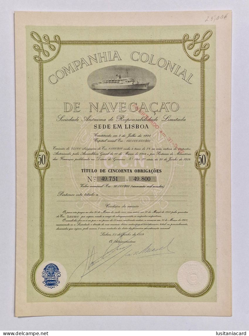 PORTUGAL-LISBOA-Companhia Colonial De Navegação-Titulo De Cincoenta Obrigações Nº 49.751 A 49.800 -50000$00-23JUN1954 - Navigation
