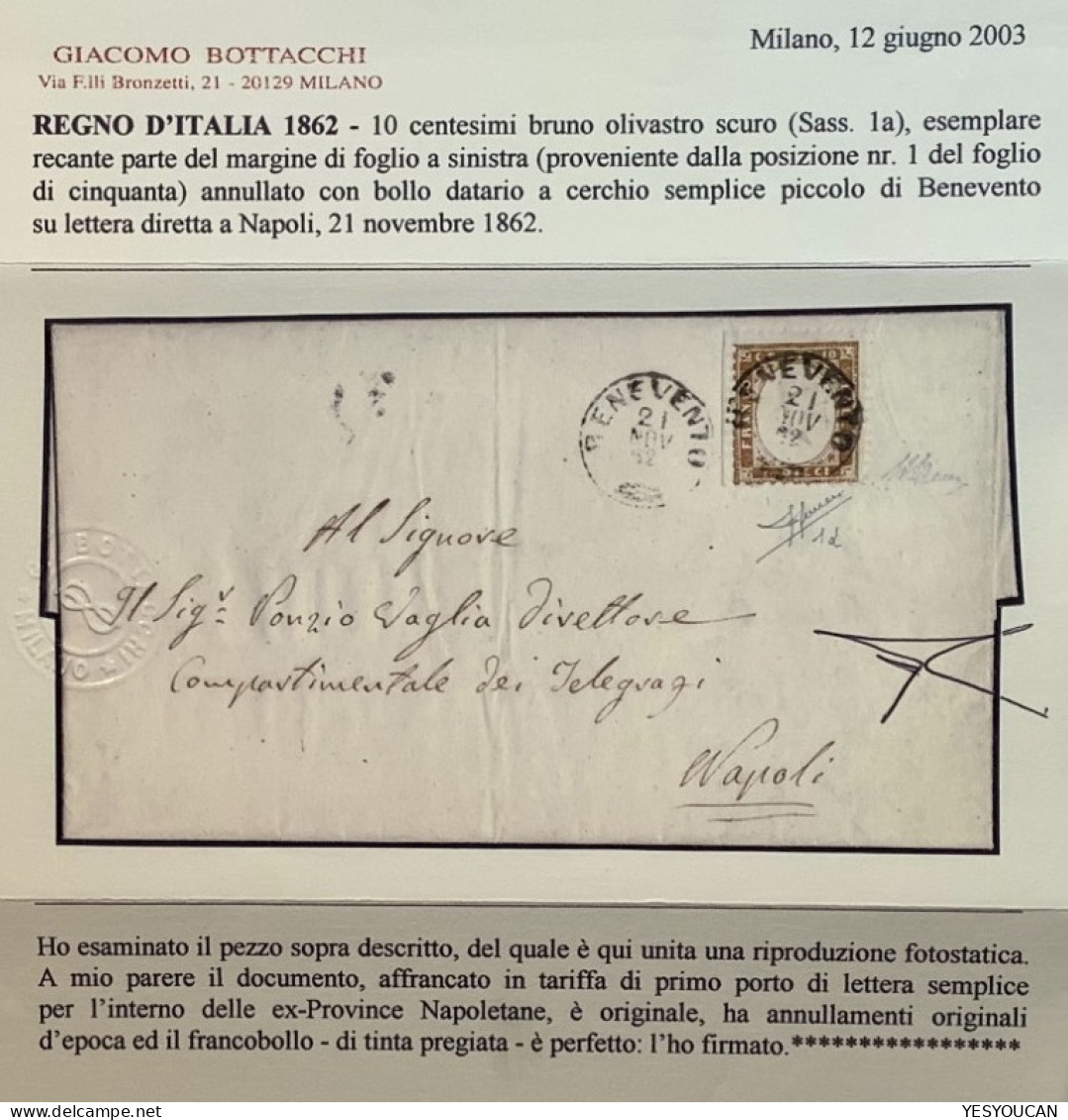 Regno D’ Italia 1a(5000€) SPL ! BENEVENTO1862 (Campania Napoli/Stato Pontificio) Lettera, Cert Bottacchi (Italy XF Cover - Marcophilie