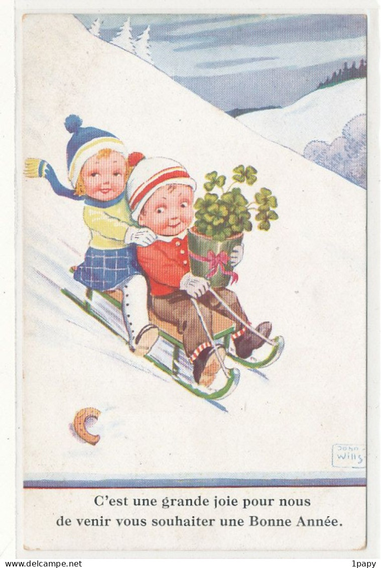 Illustrateur Neige Et Sports D'hiver - Wills John 2 Enfants Sur Luge   - Wintersport - Wills, John