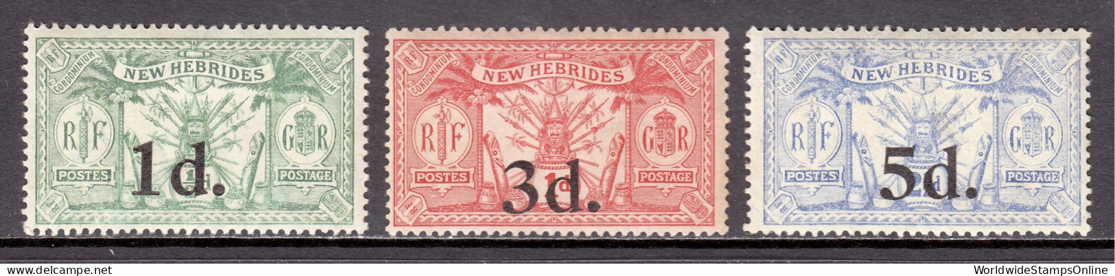 New Hebrides (EN) - Scott #38-40 - MH - Toning - SCV $17.50 - Unused Stamps