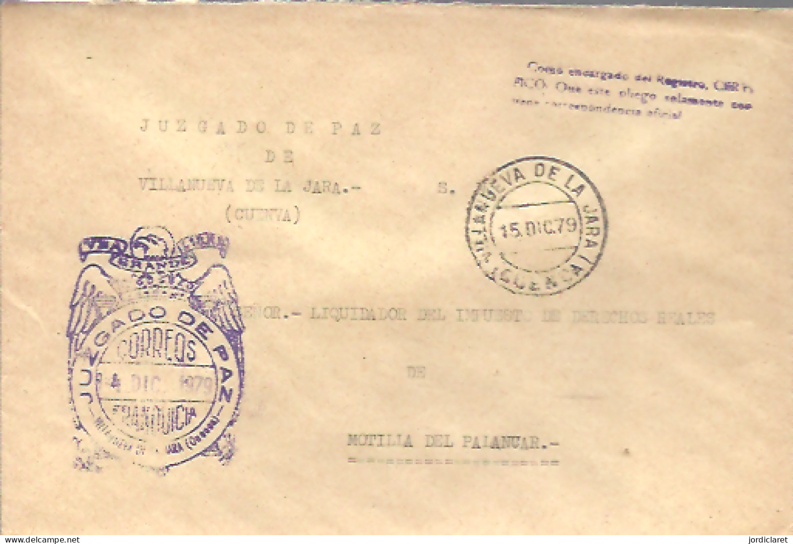 MARCA JUZGADO DE  PAZ  1979 VILLANUEVA DE LA JARA  CUENCA - Franchigia Postale