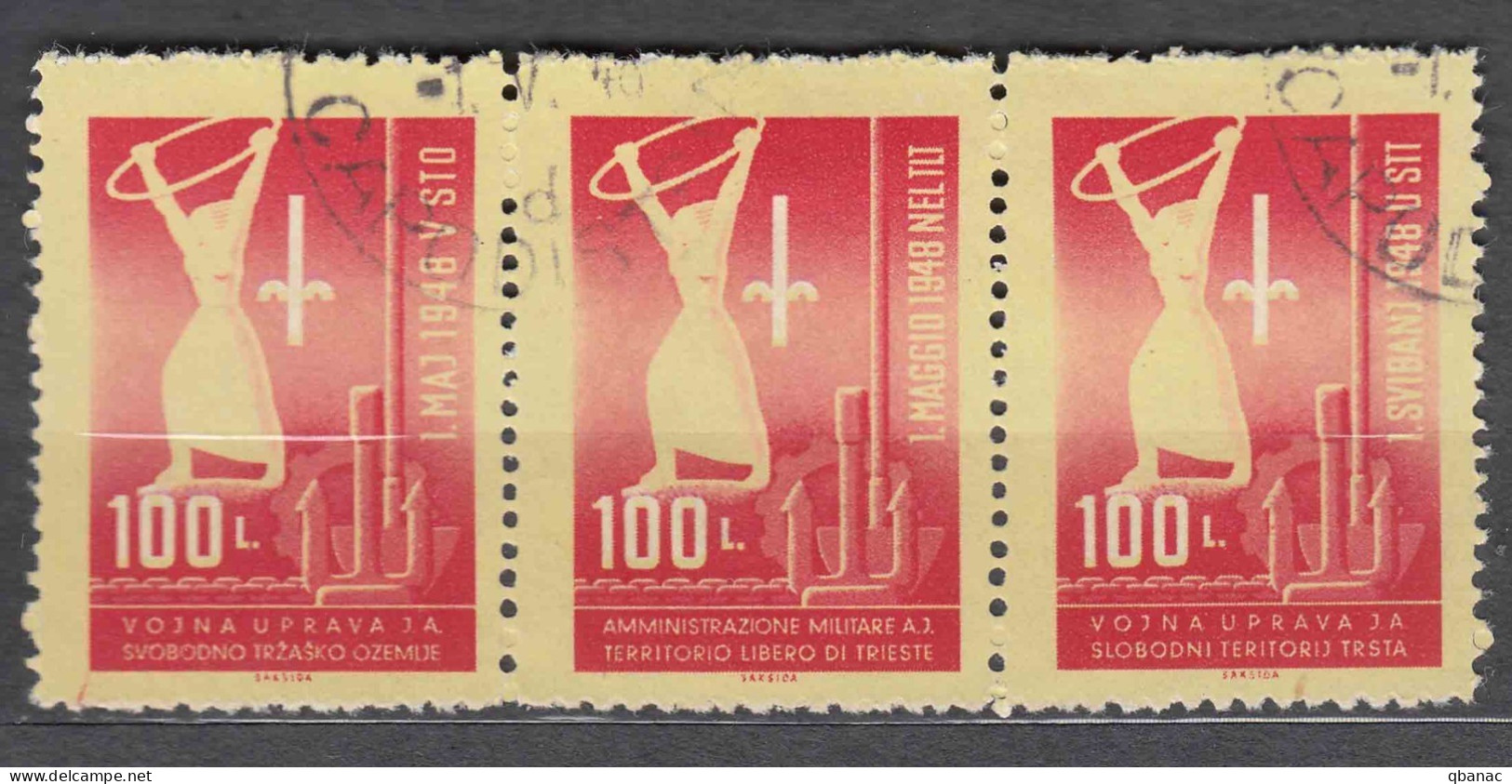 Italy Yugoslavia Trieste Zone B, 1948 Mi#1 I-III, Sassone#1-3 Strip, Used - Gebraucht