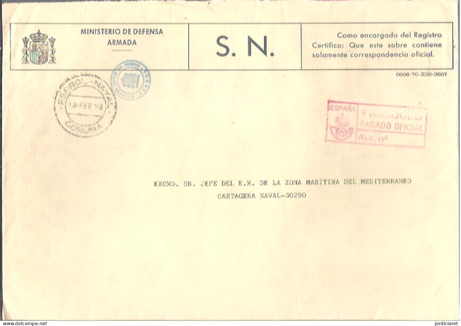 MINISTERIO DE DEFENSA   MARCA  FERROL NAVAL CORUÑA - Franchigia Postale