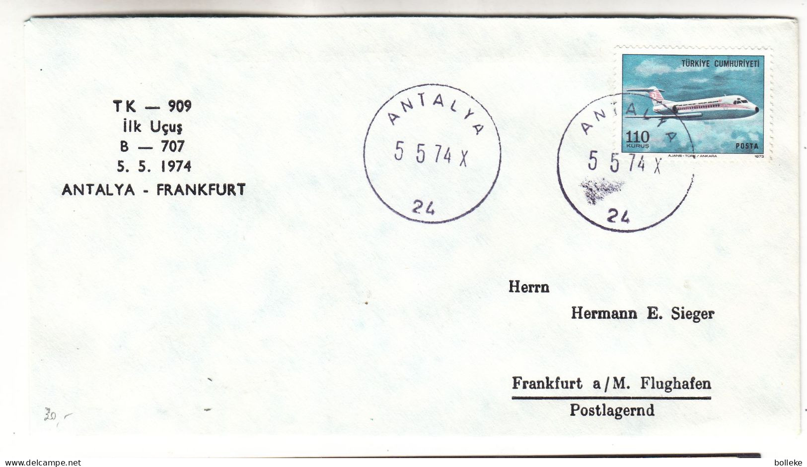 Turquie - Lettre De 1974 - Oblit Antalya - Vol Spécial Antalya Frankfurt  - Avions - - Cartas & Documentos