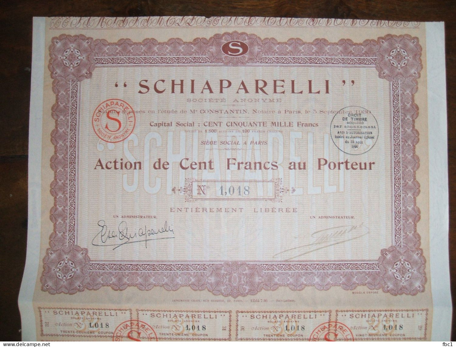 Action 100 Francs SCHIAPARELLI - Mode - Haute Couture - Elsa Schiaparelli - 1930 - Textil