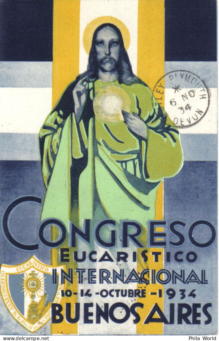 AIR FRANCE 1934 Argentine Tarjeta AEROPOSTAL Por Avion Congreso Eucaristico Pour ANGLETERRE Devon Plymouth Sacré Coeur - Airplanes